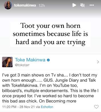 'I've got 3 main shows, I've worked so hard to become this chick' - Toke Makinwa counts her blessings