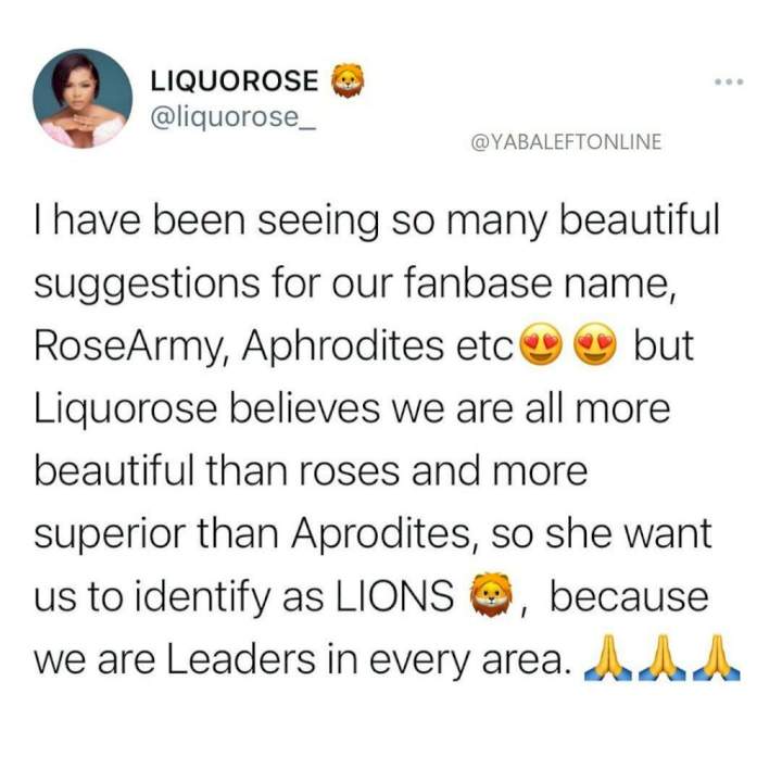 BBNaija: 'Hunger don catch lion ooo' - Reactions as official fan base name for Liquorose is unveiled