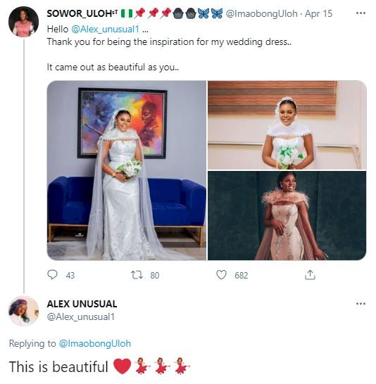 Bride appreciates BBNaija star, Alex Unusual for inspiring her wedding dress