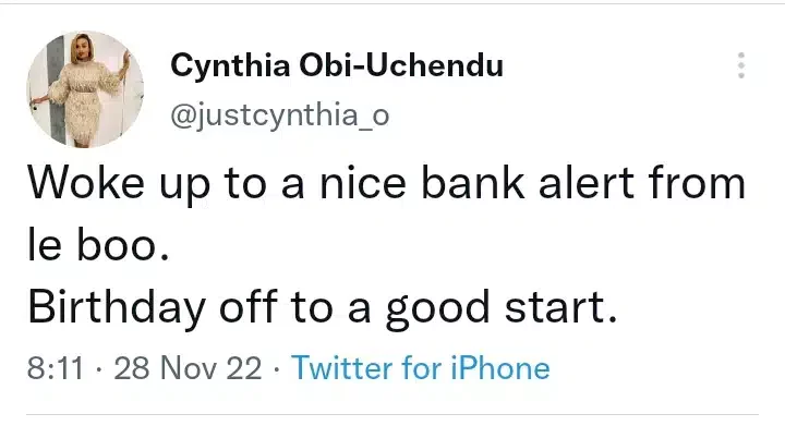 'Woke up to a nice bank alert from boo' - Ebuka Obi-Uchendu's wife, Cynthia gushes as she marks birthday