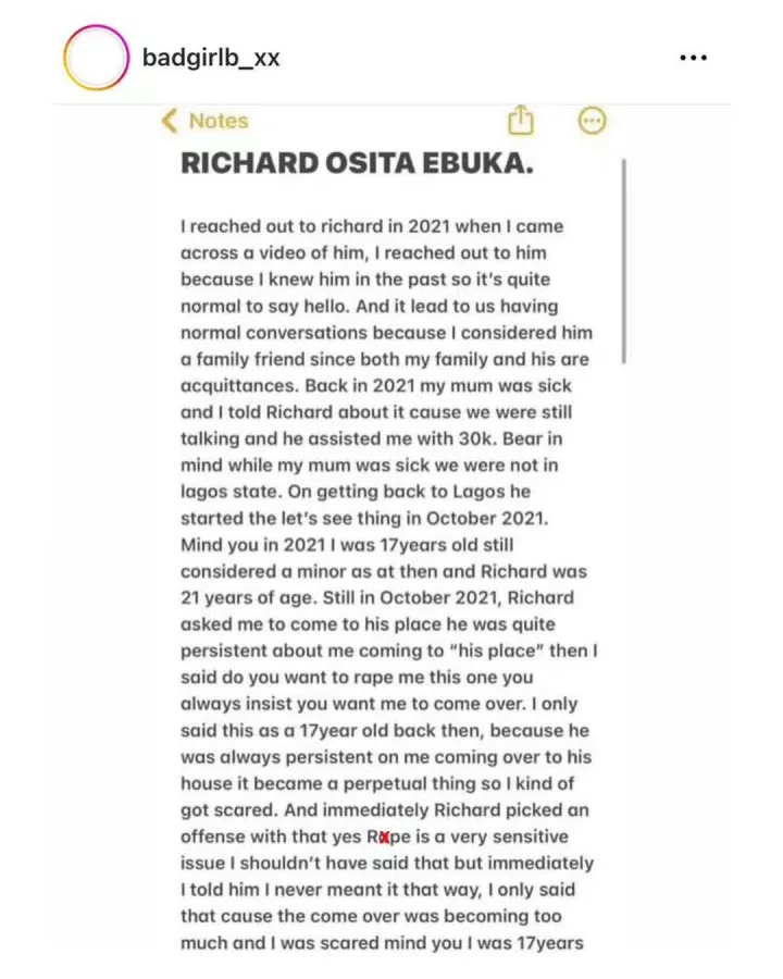'Richard asked me to come to his place when I was 17 years old' - Lady involved in rape saga shares side of story