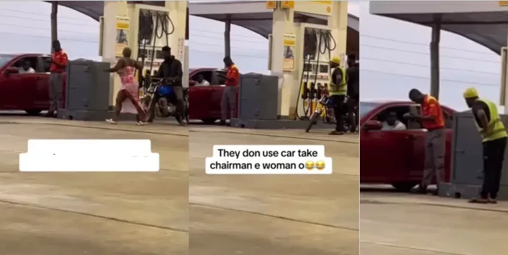 Man in utter disbelief as his babe leaves him on okada, hops into another guy's car at filling station (Video)