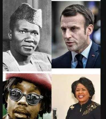 Clockwise from top left: Sekou Toure, Emmanuel Macron, Arikana Chihombori-Quao and Peter Tosh