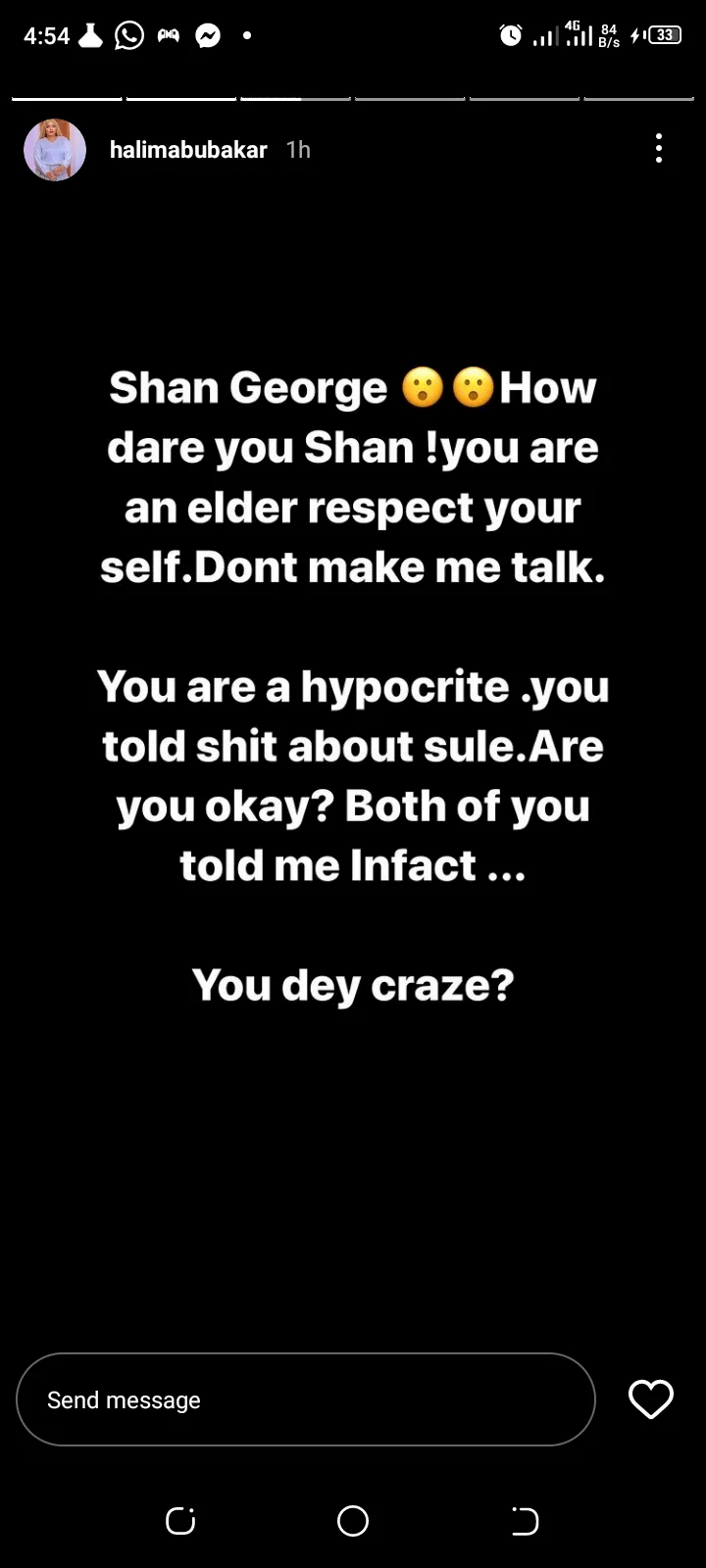 'My secret is out, I'm ready for you all' - Halima Abubakar blasts Shan George over her post about Apostle Suleiman