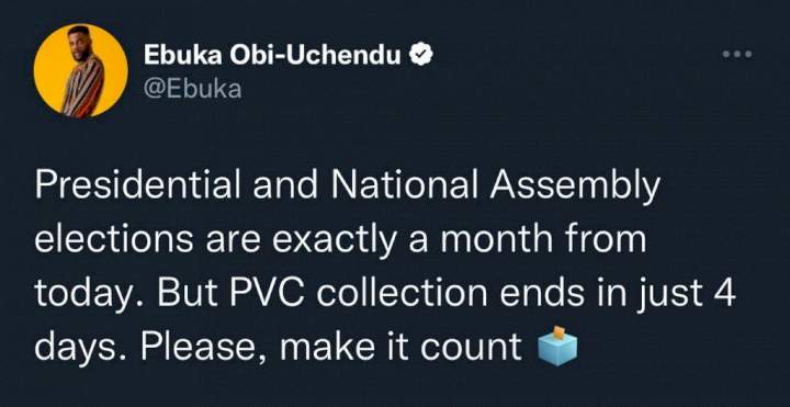'PVC collection ends in just 4 day, Please, make it count' - Ebuka sensitizes Nigerians about PVC collection