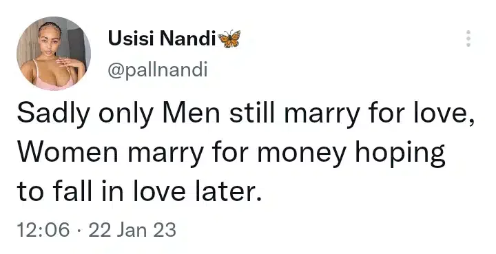 'Only men still marry for love' - Lady claims
