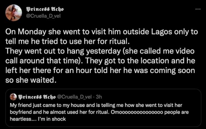 Lady narrates how her friend escaped being used by her boyfriend for rituals