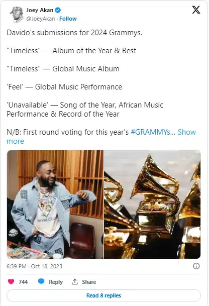 Davido submits works for 2024 Grammy consideration