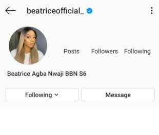 BBNaija: Reactions as Instagram deletes Beatrice's account hours after verification