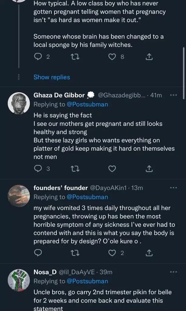 Reactions as Twitter user opines that pregnancy is not as hard as women make it look