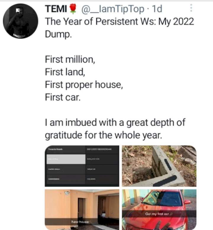 'First million, first land, first proper house, first car' - Nigerian man celebrates his achievements in 2022