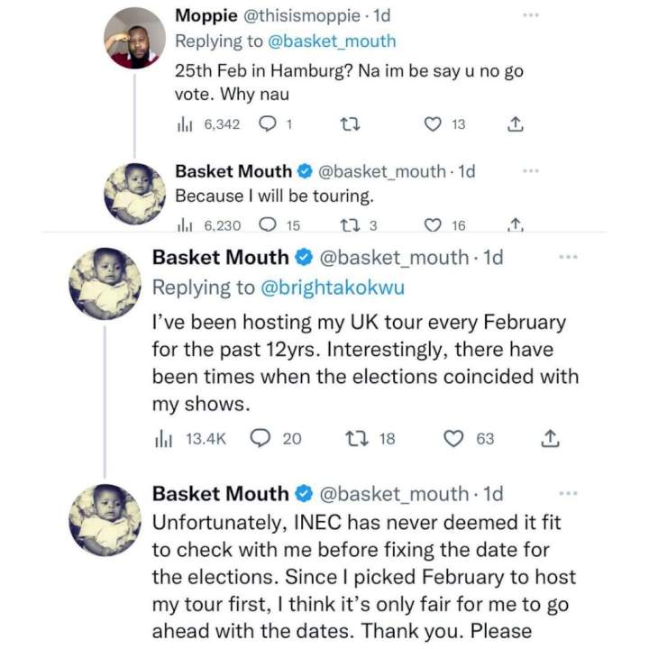 Comedian Basketmouth reacts after he was called out for fixing his UK tour on election day, February 25
