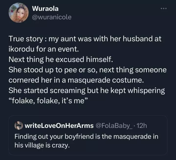 How my aunt discovered she was married to a masquerade - Lady reveals