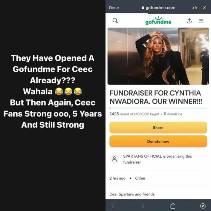 'People wey no chop belle full' - Reactions as Ceec's fans open GoFundMe account after losing BBN's N120M prize
