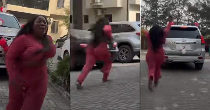 "Chima don't do this to me" - Cheating Nigerian lady chases after boyfriend as he zooms off with new car he bought for her (Video)