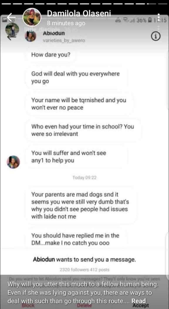 Lady accused of bullying hurls insult on alleged victim after she was called out (Screenshots)