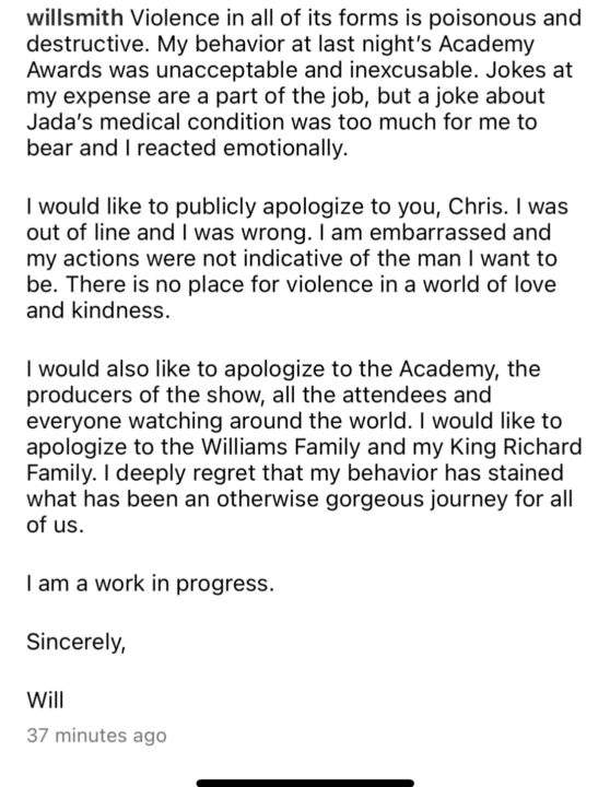 Will Smith's statement apologizing to Chris Rock