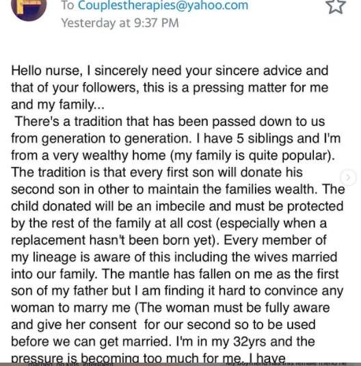 'My family tradition is that every first son will donate his second born to maintain our family wealth' - Man seeks help