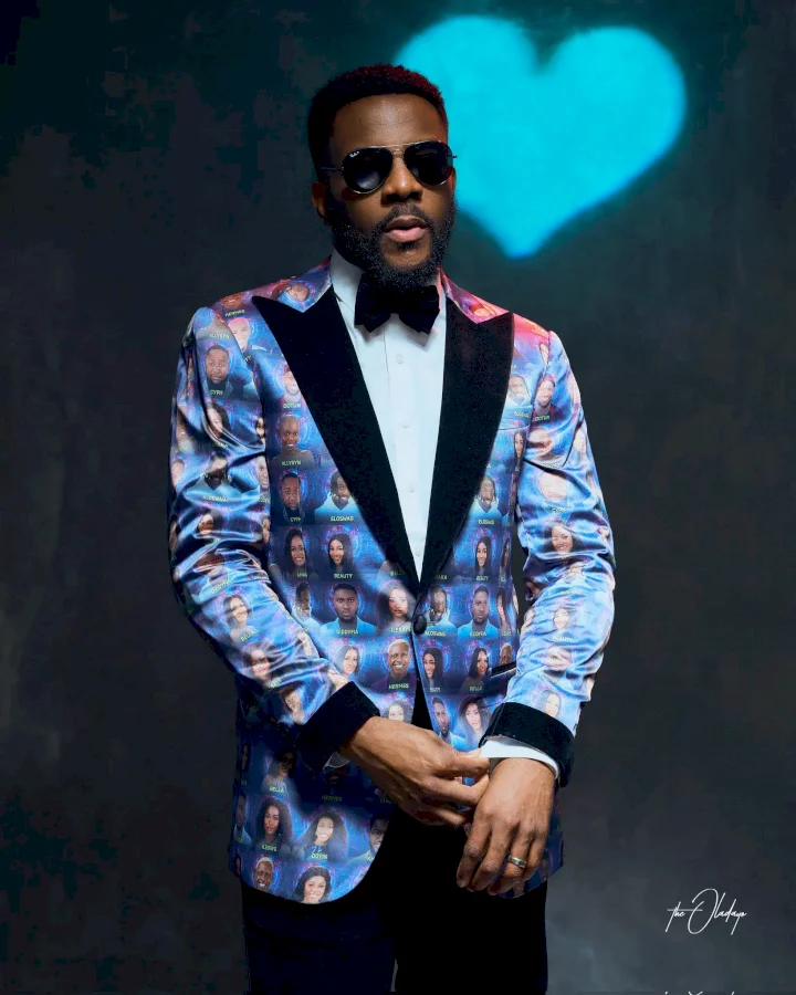 Ebuka dazzles in suit with all 'Level Up' housemates' faces on it (Photo)
