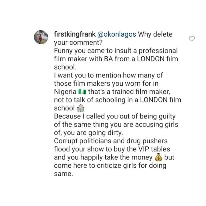 Okon Lagos clashes with Frank Ufomadu for likening comedians who charge N5m for tables to girls who do not question their men