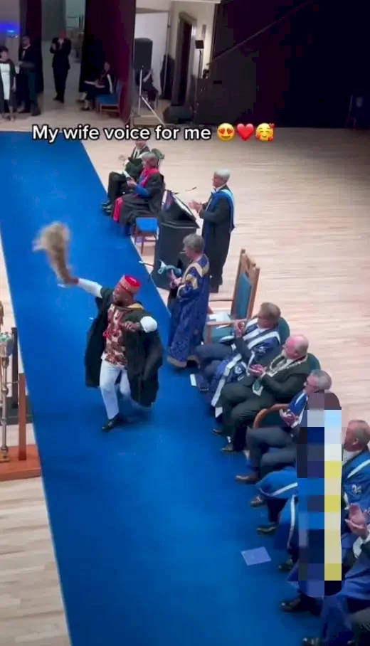 Lady cheers loudly as her husband rocks 'Isiagu' to climb stage at his graduation in Scotland (Video)