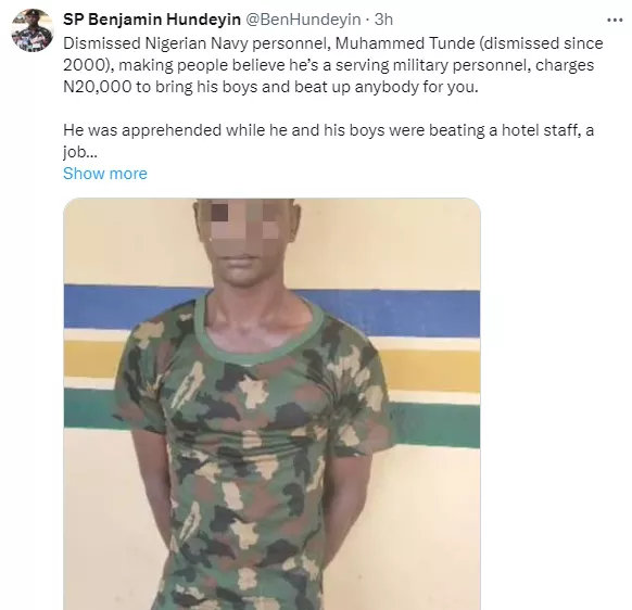 Dismissed Naval officer arrested for posing as a serving military personnel and charging N20000 to mobilise boys to beat people up