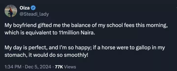 Lady celebrates boyfriend for clearing her N11 million school fees