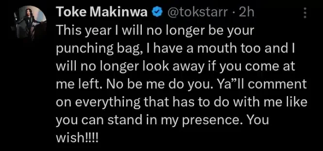 'This year, I will no longer be your punching bag' - Toke Makinwa lambasts trolls
