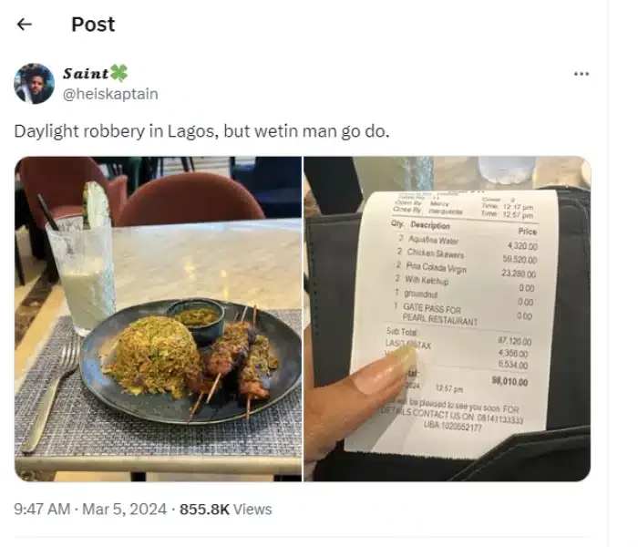 'You ate a bag of rice in one sitting' - Reactions as man reveals he was billed N98,000 for a plate of rice