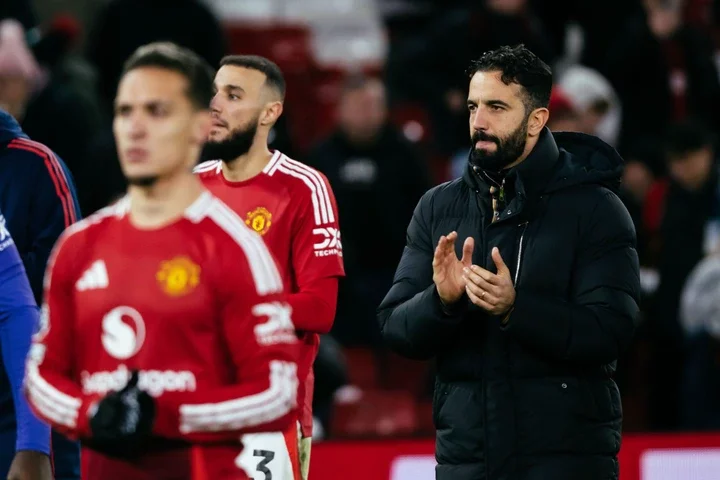 Ruben Amorim, Manager of Manchester United applauds fans following the Premier League match between Manchester United FC and Newcastle United FC at...