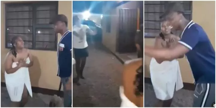 Moment husband returns home, finds cheating wife in towel with another man