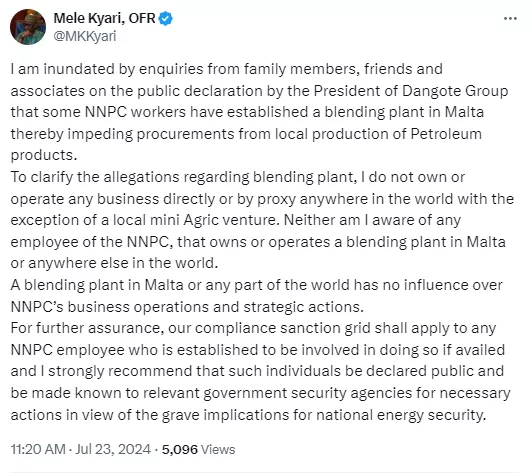 NNPC boss Mele Kyari reacts to Dangote