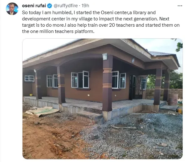 Rufai Oseni builds library and development center in his village, shares photo