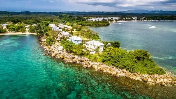 A beach and houses on the coast of Jamaica - homes are nestled into greenery and surrounded by blue ocean