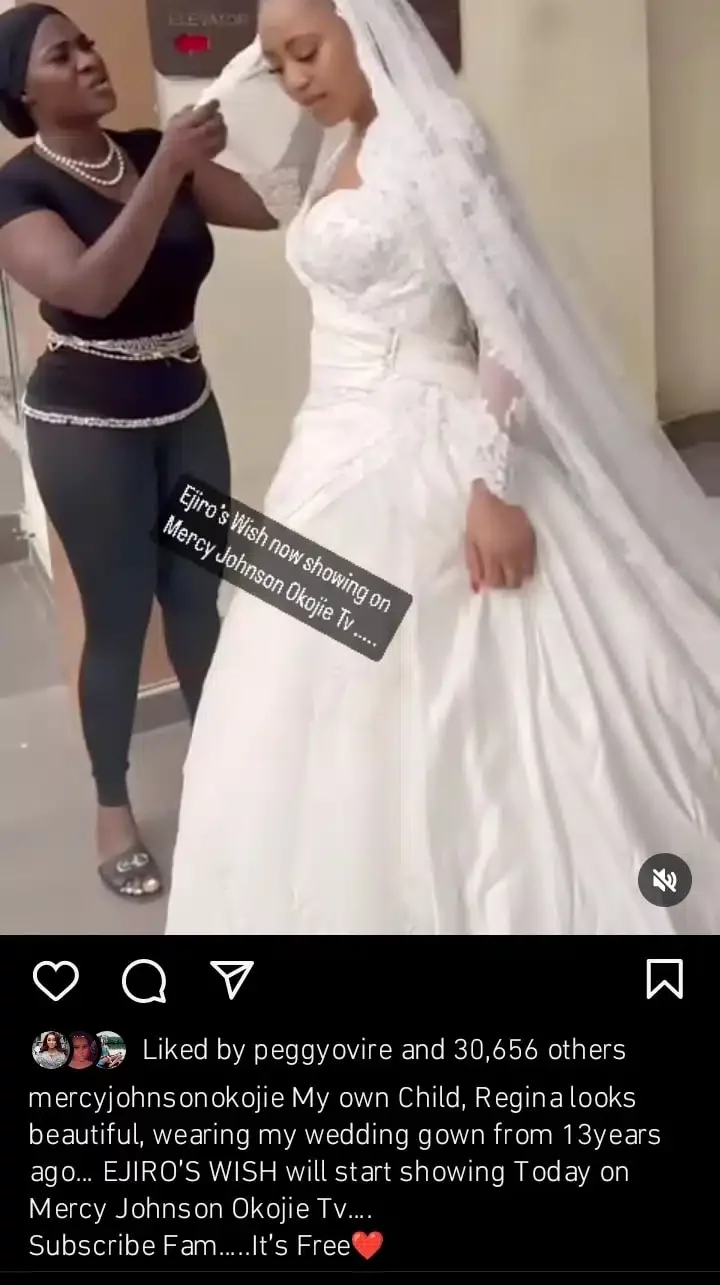 Regina Daniels adorably wears Mercy Johnson's 13-years-old wedding gown