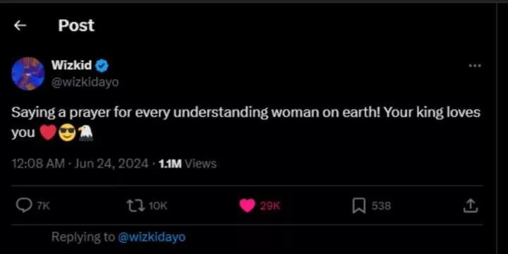 Wizkid shades Chioma, prays for all 'understanding women' on earth