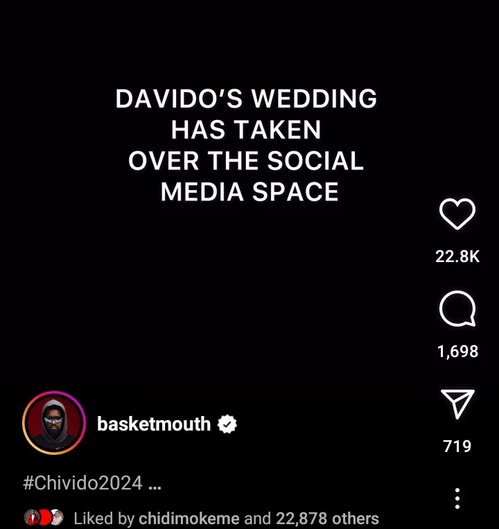 'Davido's wedding has taken over social media, even Wizkid wey throw shades, nobody sends am' - BM