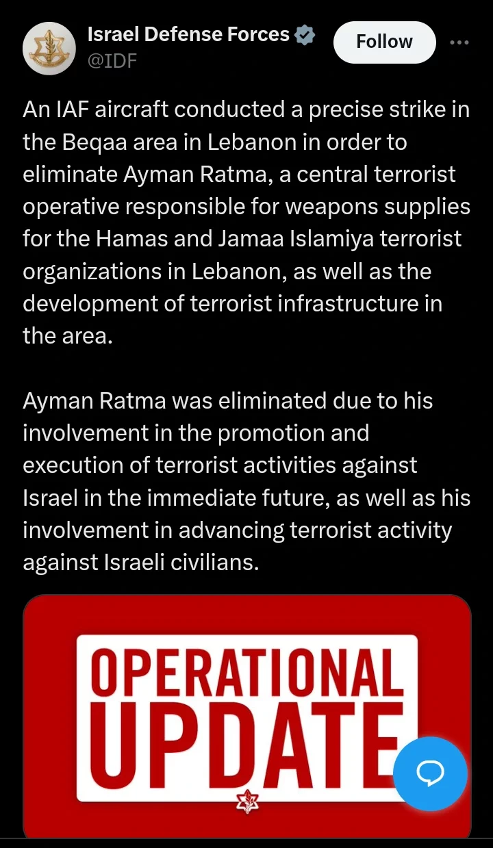Israel Conducts Targeted Strike in Lebanon, Killed Key Terrorist That Supplies Weapons to Hamas-IDF
