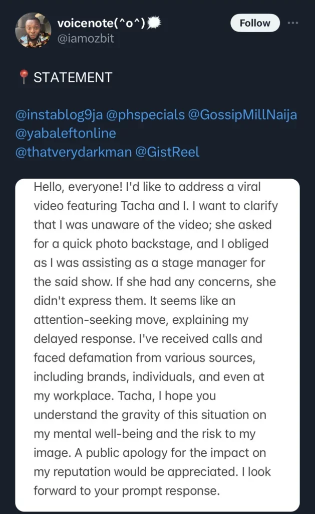 Fan embarrassed by Tacha releases press statement, request public apology from the celebrity claiming she requested for a photo