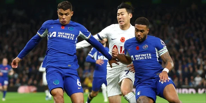 Tottenham Hotspur's Son Heung-min in action with Chelsea's Thiago Silva and Reece James