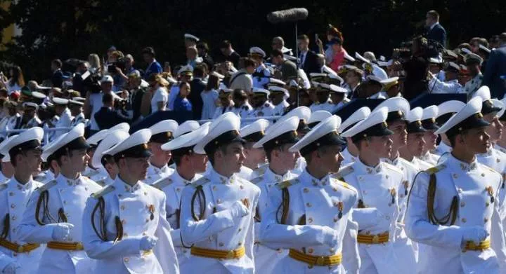 Naval cadets marching during a Russian Navy Day parade in Saint Petersburg.OLGA MALTSEVA/Getty Images