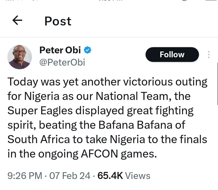 Peter Obi Reacts to Super Eagles Victory over South Africa