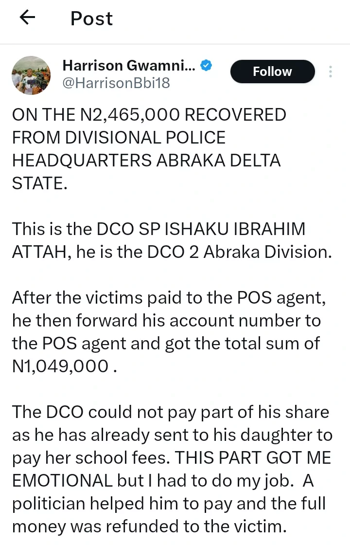 Delta State Police PRO confirms the removal of DCO who used N1m extorted from man to pay school fees of daughter