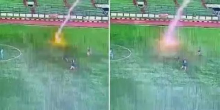 "Village people" - Moment footballer is struck by lightning and killed during a match (Video)