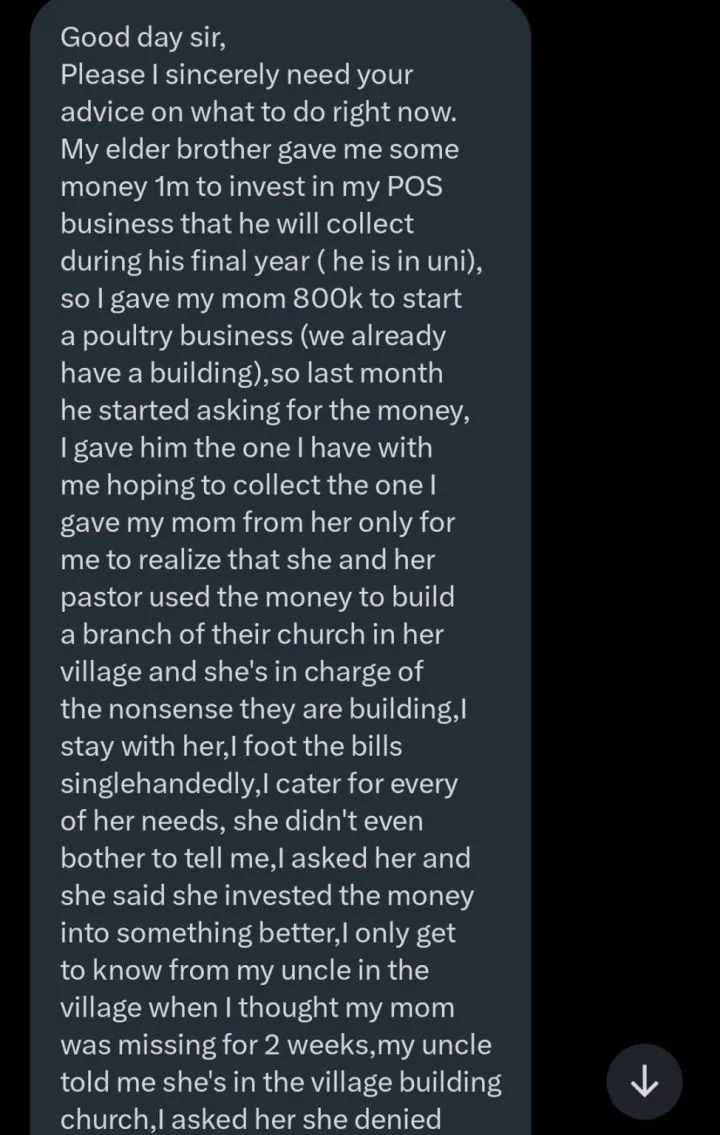 Mother shocks son as she invests his ₦800k in church project, uses foodstuffs as 'seed' offering