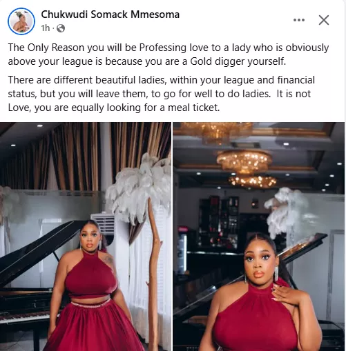 The only reason a man will be professing love to a lady who is obviously above his league is because he is a gold digger - Nigerian woman says