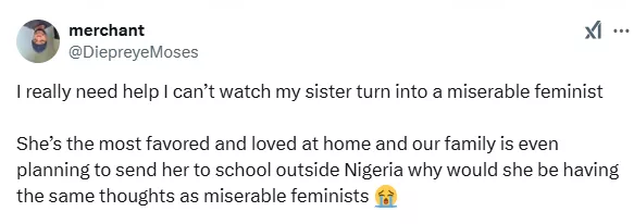 Feminists have corrupted my 14-year-old sister - Nigerian man cries out after his sister refused to make Eba