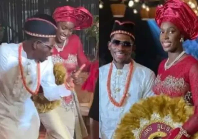 'Person wey sew this our wife cloth and gele suppose dey kirikiri '- Moses Bliss' wife's Nigerian trad wedding outfit trend