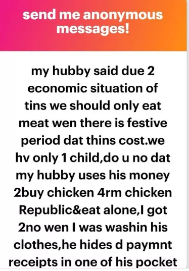 Wife shocked as she finds payment receipts from Chicken Republic in husband's pocket after he banned meat in their home