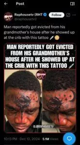 Grandmother evicts grandson over shocking forehead tattoo, post goes viral